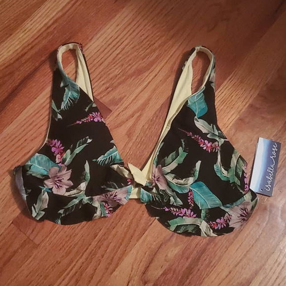NWT! Isabella Rose Islander Ruffle Bikini Top Black Floral Large ~ Pool or Beach - Picture 2 of 9